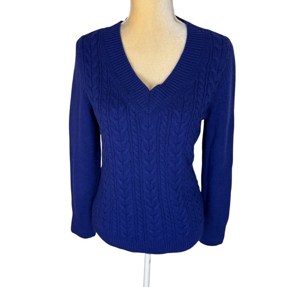 Talbots Purple Blue Cable Knit V‎ Neck Lambswool Sweater Petite Medium - Picture 1 of 8